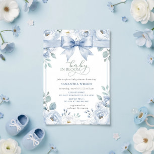 Baby in Bloom Blaue Schleife Florales Jungen-Baby- Einladung