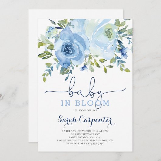 Baby in Bloom blauen Blütenjungen Einladung (Vorne/Hinten)