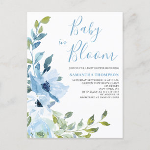 Baby In Bloom Blaues Florales Babyshower Postkarte