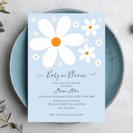 Baby in Bloom Blue Daisy Baby Dusche Einladung