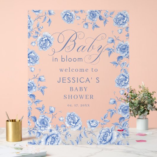 Baby in Bloom Blue Floral Baby Dusche Empfang Acrylschild (Hochzeit)