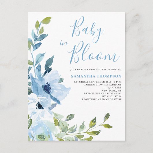 Baby in Bloom Blue Floral Baby Dusche Postkarte (Vorderseite)
