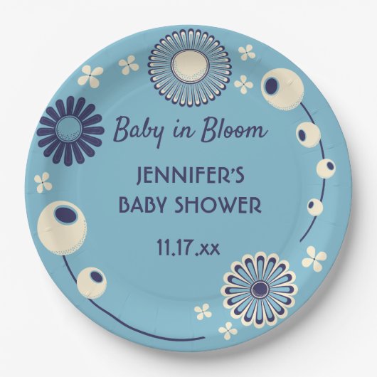 Baby in Bloom Blue Floral Boy Dusche Pappteller (Vorderseite)