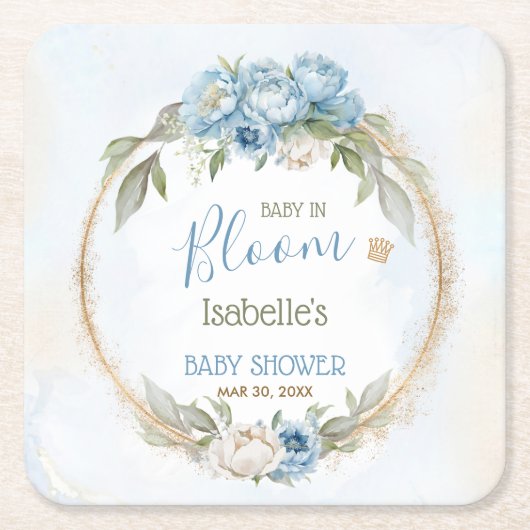 Baby in Bloom Blue Floral Elegante Baby Dusche Rechteckiger Pappuntersetzer (Vorderseite)