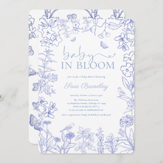 Baby in Bloom Blue Garden Chinoiserie Babydusche Einladung (Vorne/Hinten)