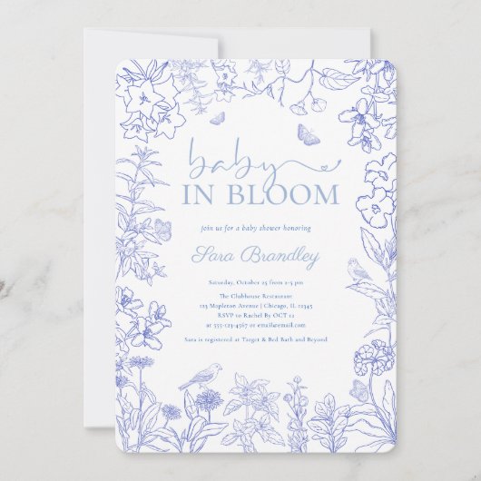 Baby in Bloom Blue Garden Chinoiserie Babydusche Einladung (Vorderseite)