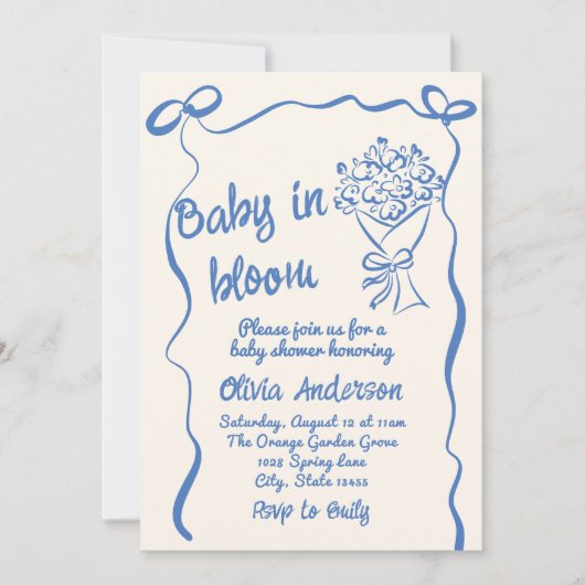 Baby in Bloom Blue Gezeichnet Blume Bouquet Dusche Einladung (Vorderseite)