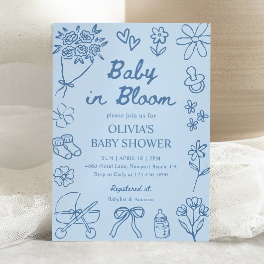 Baby in Bloom Blue Hand Drawn Boy Baby Shower Einladung