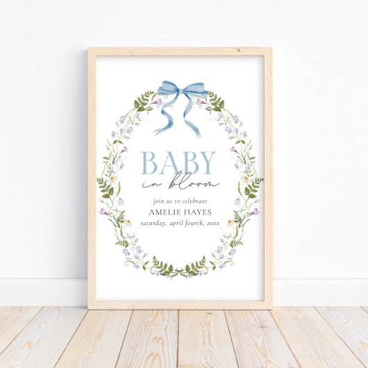 Baby in Bloom Blue Spring Floral Bow Baby Dusche Poster