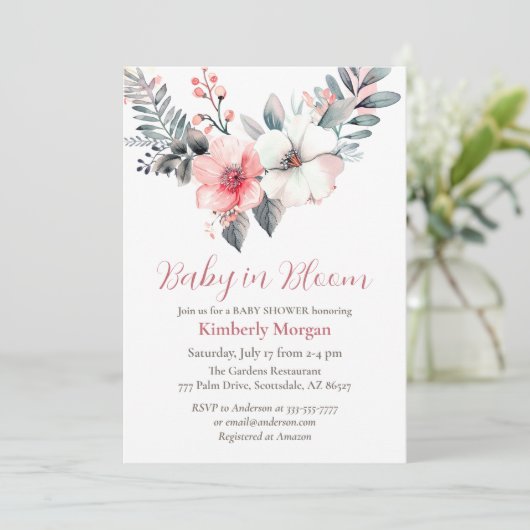 Baby in Bloom, Blume, Baby- oder Mädchendusche Einladung (Stehend Vorderseite)