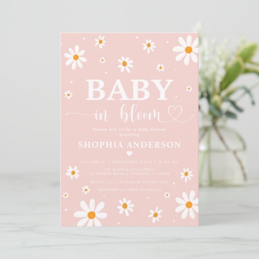 Baby in Bloom Blush Boho Daisy Blumendusche Einladung (Stehend Vorderseite)