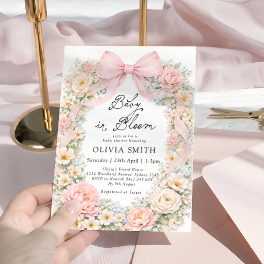 Baby in Bloom Blush Pink Bow Baby Shower Einladung