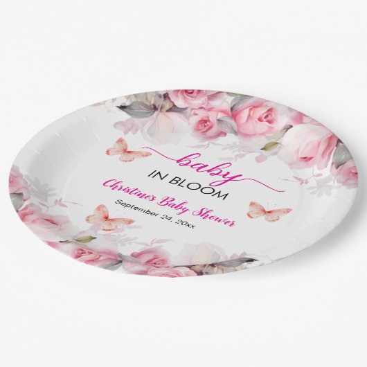 Baby in Bloom Blush Rose Kinderdusche Pappteller (Schrägansicht)