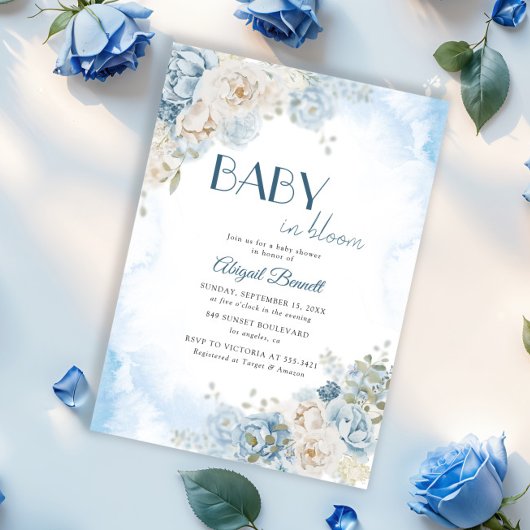 Baby in Bloom Bohemisch Blue Rose Baby Dusche Einladung