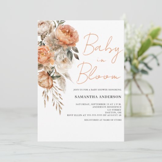 Baby in Bloom Boho Blumendusche Einladung (Stehend Vorderseite)