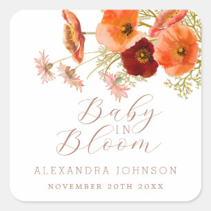 Baby in Bloom Boho Herbst Blumen Baby Shower Maßan Quadratischer Aufkleber