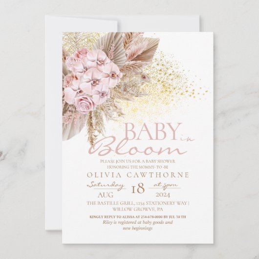 Baby in Bloom Boho pampas Blume Kinderdusche Einladung (Vorderseite)