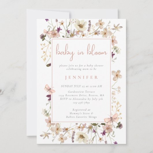 Baby in Bloom Boho Wildblume Babydusche Einladung (Vorderseite)