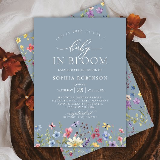 Baby in Bloom Boho Wildblume Blue Baby Dusche Einladung