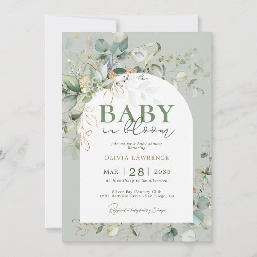 Baby in Bloom Botanische Eukalyptus Einladung (Vorderseite)