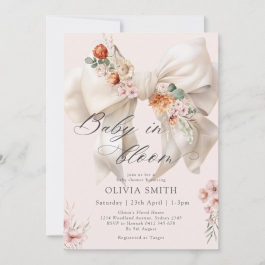 Baby in Bloom Bow Floral Baby Dusche Einladung (Vorderseite)