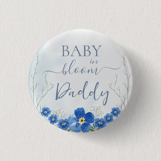 Baby in Bloom Boy Blue Floral Shower Daddy Button (Vorderseite)