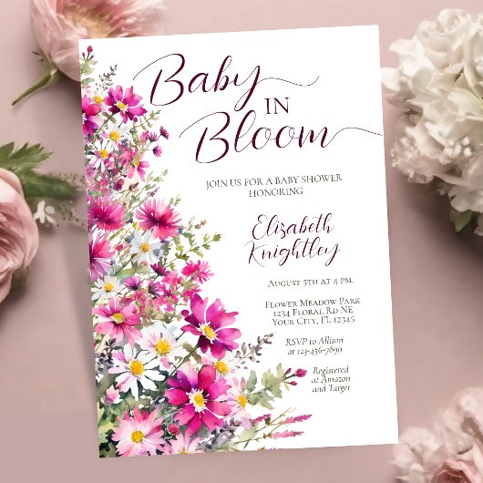 Baby in Bloom Bright Pink Floral Girl Babydusche Einladung