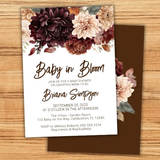 Baby in Bloom Brown Beige BläserBaby-Dusche Einladung