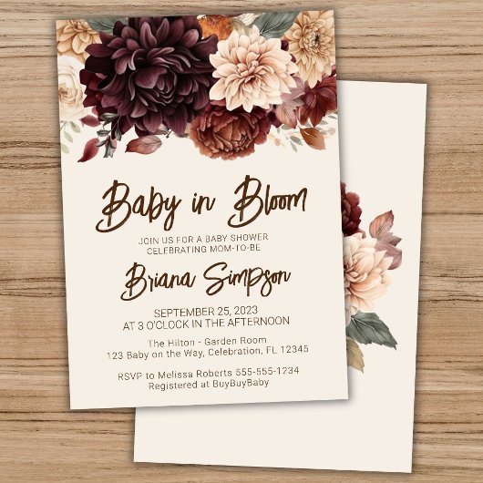 Baby in Bloom Brown Beige Elfenbeinblütendusche Einladung
