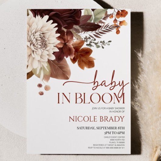 Baby in Bloom Brown Burgundy Bloral Baby Dusche Einladung