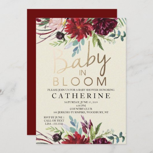Baby in Bloom, Burgund Floral Baby Dusche Einladung (Vorne/Hinten)