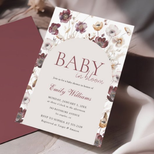 Baby in Bloom Burgundy Wildblume Babydusche Einladung