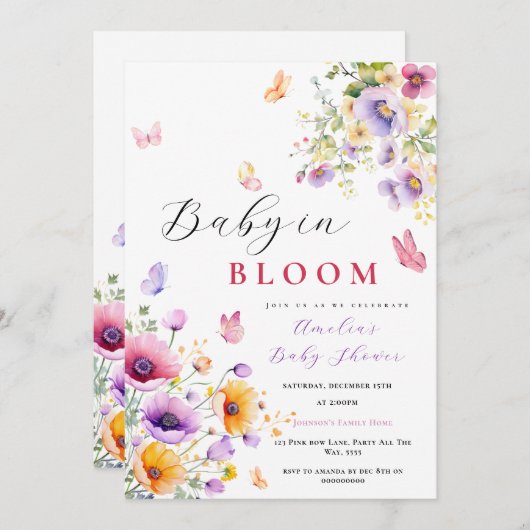 Baby in Bloom Butterfly Babydusche Wildblume Einladung (Vorne/Hinten)