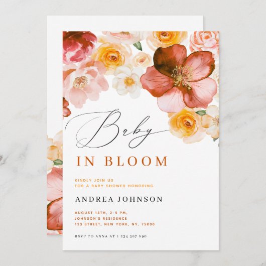 Baby in Bloom Chic Herbst Blume Girl Baby Dusche Einladung (Vorne/Hinten)