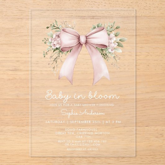 Baby in Bloom Coquette Pink Bow Baby Dusche Acryleinladungen (Vorderseite)