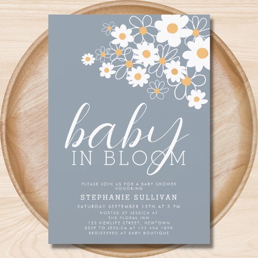 Baby in Bloom Daisy Blue Baby Shower Einladung