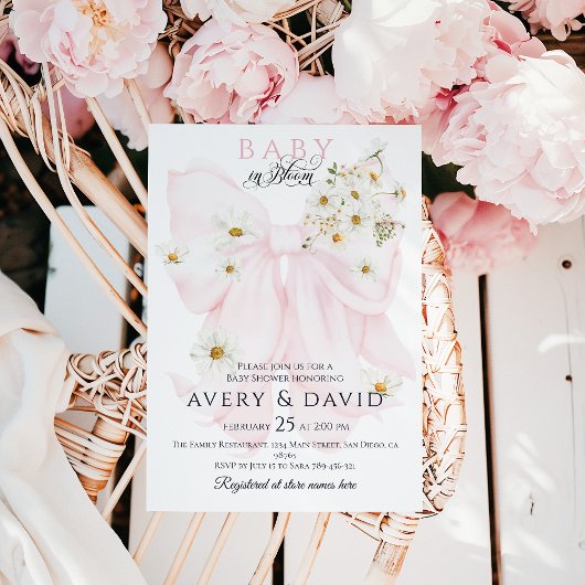 Baby in Bloom Daisy Pink Bow Girl Baby Dusche Einladung