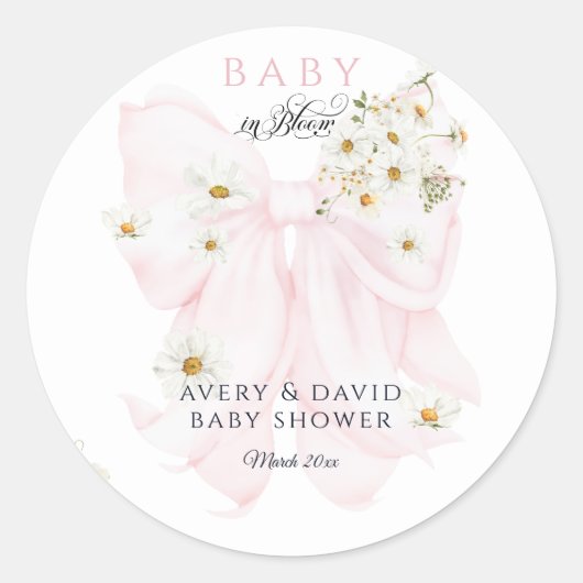 Baby in Bloom Daisy Pink Bow Girl Baby Dusche Runder Aufkleber (Vorderseite)