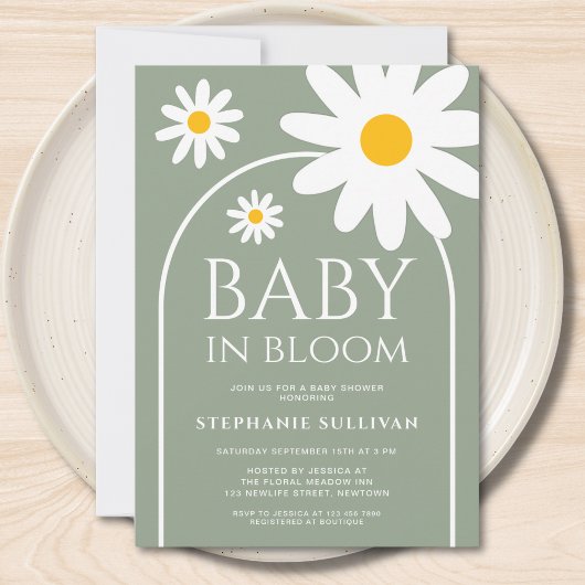 Baby in Bloom Daisy Sage Green Baby Shower Einladung