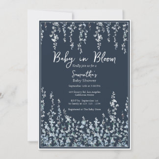 Baby in Bloom Dunkelblaue Wildblumen-Baby-Party Einladung