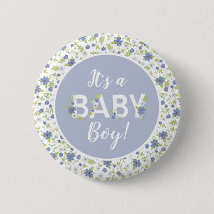 Baby in Bloom Dusche Blaue Vintage-Blumen Junge Button