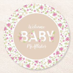 Baby in Bloom Dusche Pink Vintage Blumen Mädchen Runder Pappuntersetzer