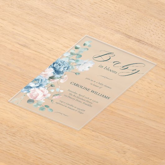 Baby in Bloom Dusty Blue Baby Shower Acryleinladungen (Ablage )