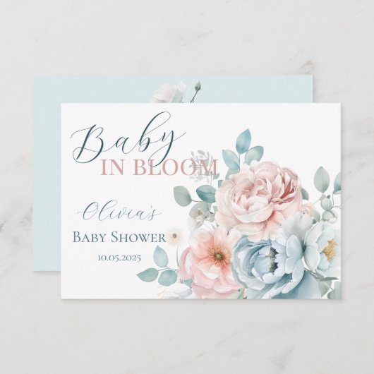 Baby in Bloom Dusty Blue Baby Shower Dankeskarte (Vorne/Hinten)