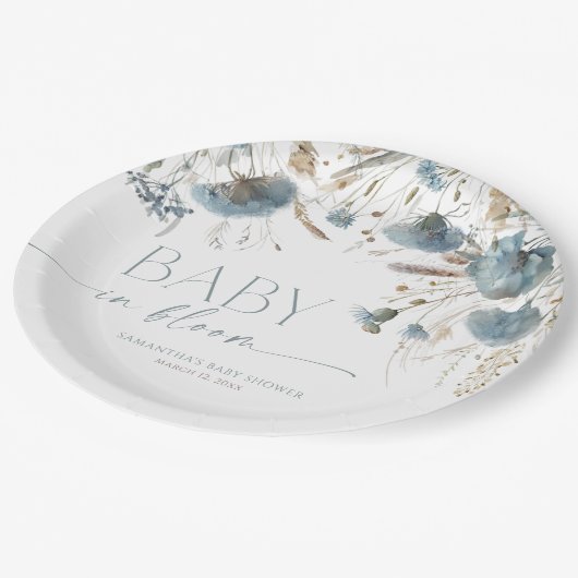 Baby in Bloom Dusty Blue Beige Baby Dusche Pappteller (Schrägansicht)