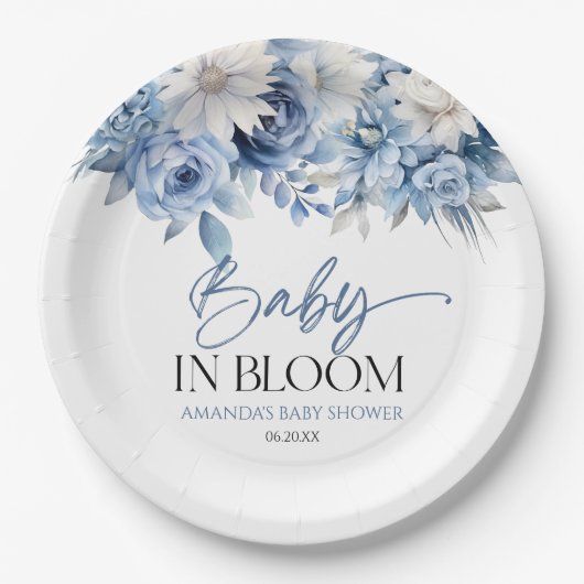 Baby in Bloom Dusty Blue Floral Baby Dusche Pappteller (Vorderseite)