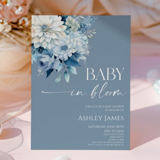 Baby In Bloom Dusty Blue Floral Baby Shower Einladung