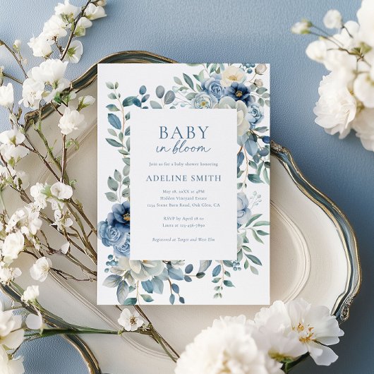 Baby in Bloom Dusty Blue Floral Baby Shower Einladung