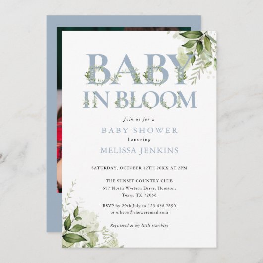 Baby in Bloom Dusty Blue Foliage Foto Babydusche Einladung (Vorne/Hinten)