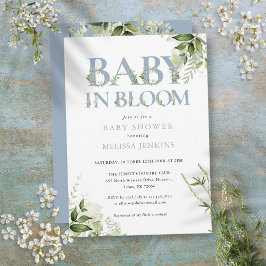 Baby in Bloom Dusty Blue Greenery Baby Dusche Einladung